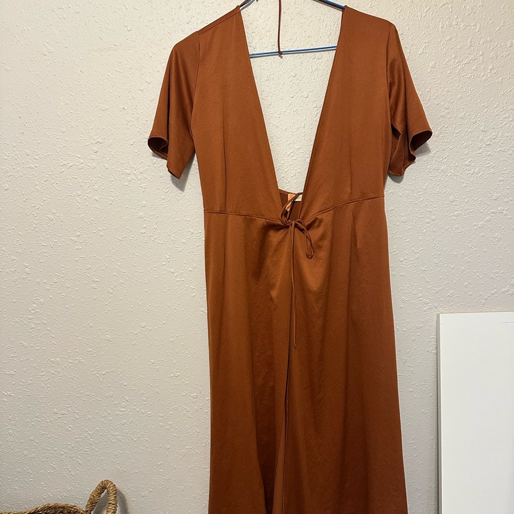 Whimsy & Row Elegant rust silky Midi Dress for formal event